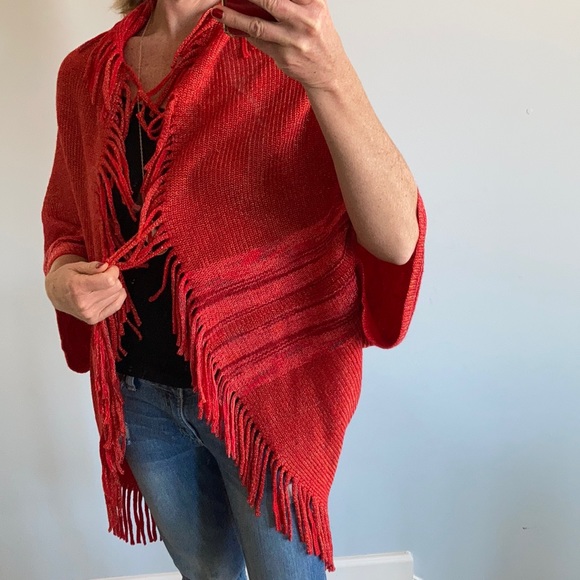 Red Fringed Sweater Kimono/Wrap - Picture 6 of 7